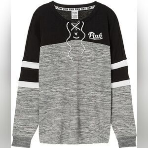 Victoria's Secret Pink Lace Up Varsity Crew Sweatshirt Marl Gray Black